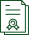Certificat ou document officiel vert foncé avec texte stylisé et sceau. Représente un diplôme, attestation de qualité ou garantie.