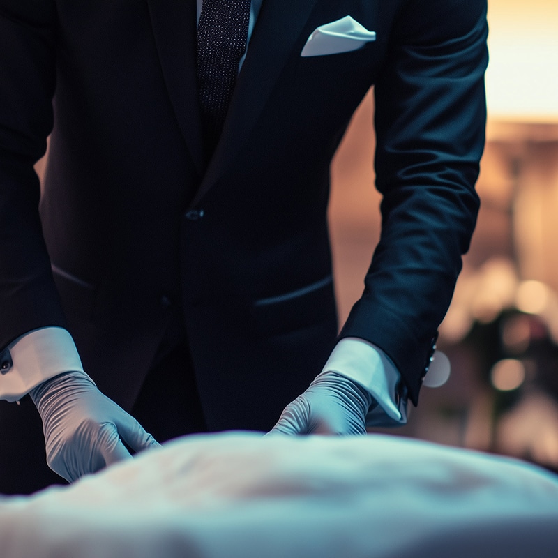 Homme en costume cravate, gants d'examen gris, mains penchées sur une surface pâle. Scène professionnelle ou médicale sérieuse.