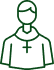 Icône pixelisée verte d'une silhouette de moine ou prêtre avec une croix pendante sur la poitrine. Représente un religieux.