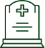 Icône pixelisée de pierre tombale verte avec croix au sommet et lignes d'inscription, symbolisant un décès ou la fin d'une partie dans un jeu.