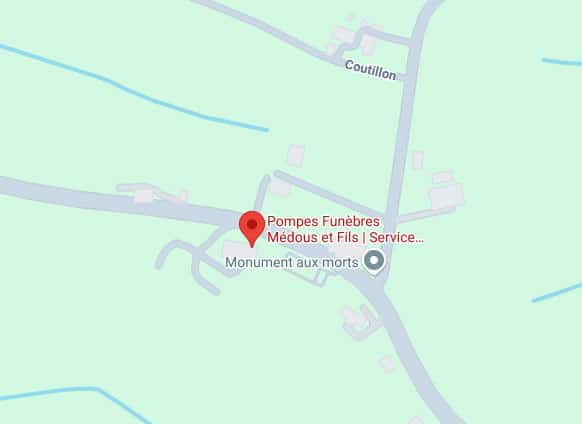 Carte locale indiquant les Pompes Funèbres Médous et Fils, le Monument aux morts et la rue Coutillon.